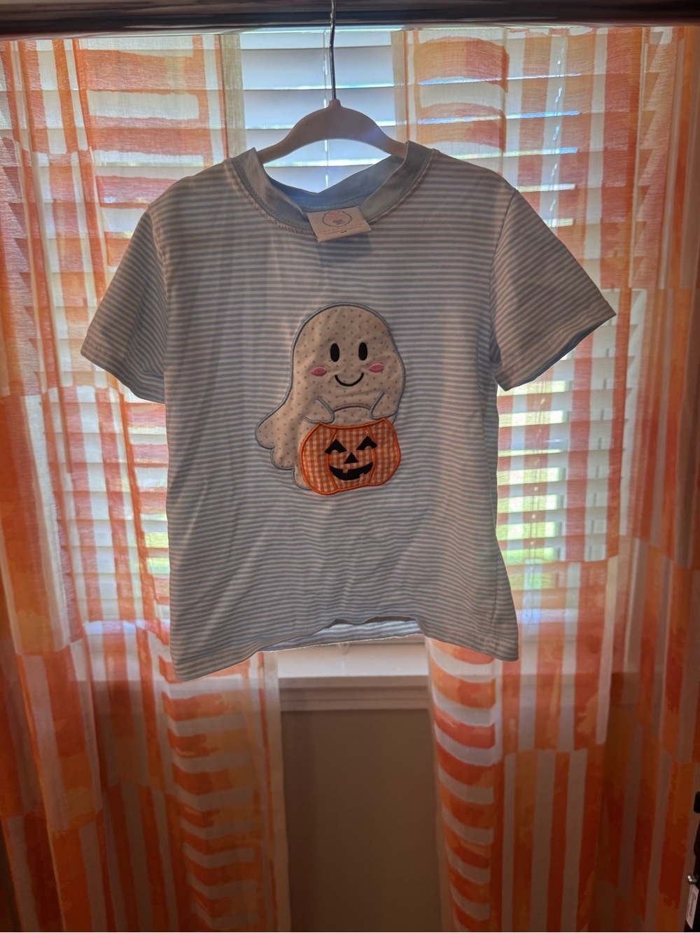 Girls Light Blue Striped Ghost & Pumpkin Short Sleeve Tee